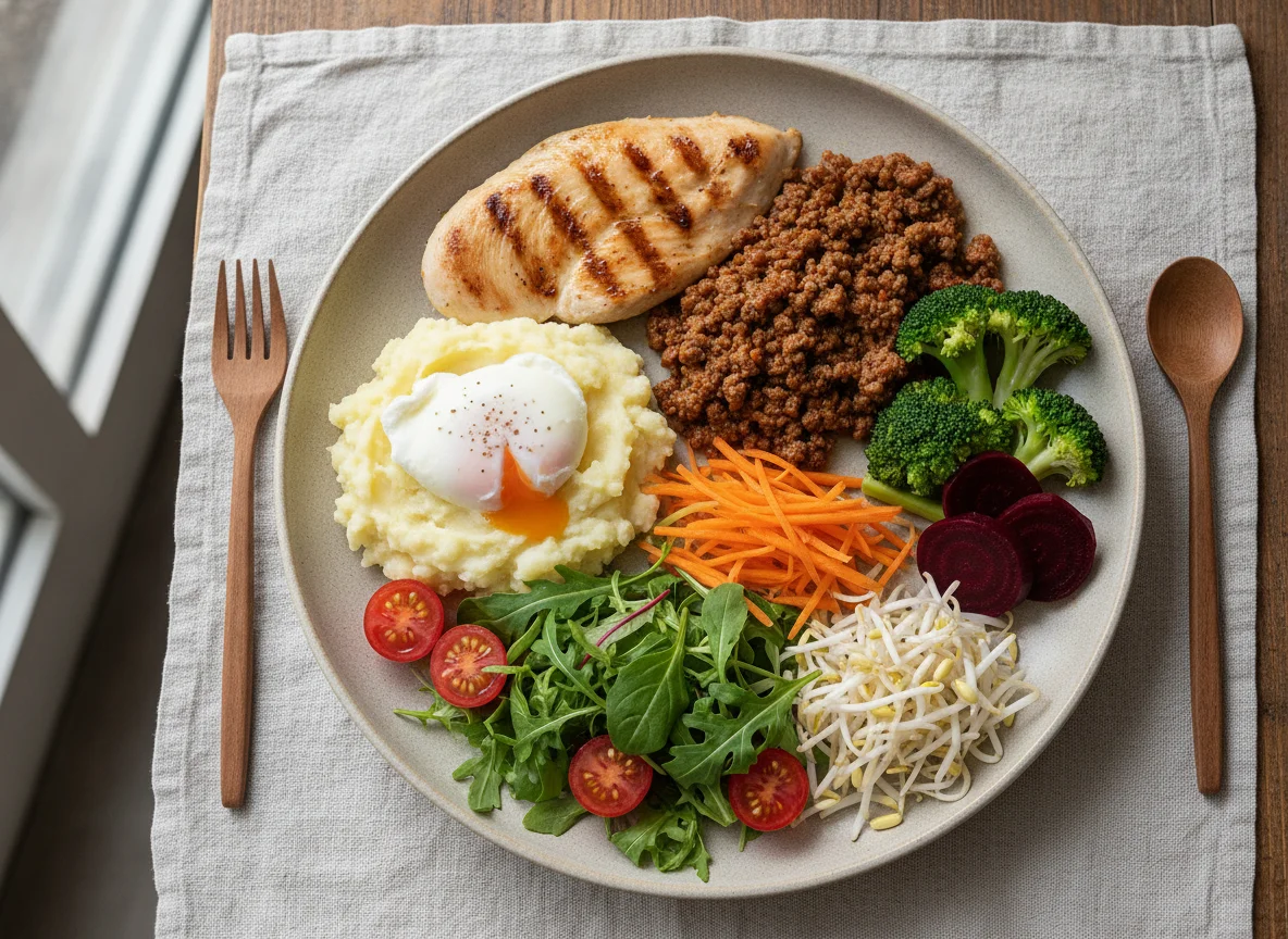 Prato Feito Saudável com Frango, Carne Moída e Salada photo
