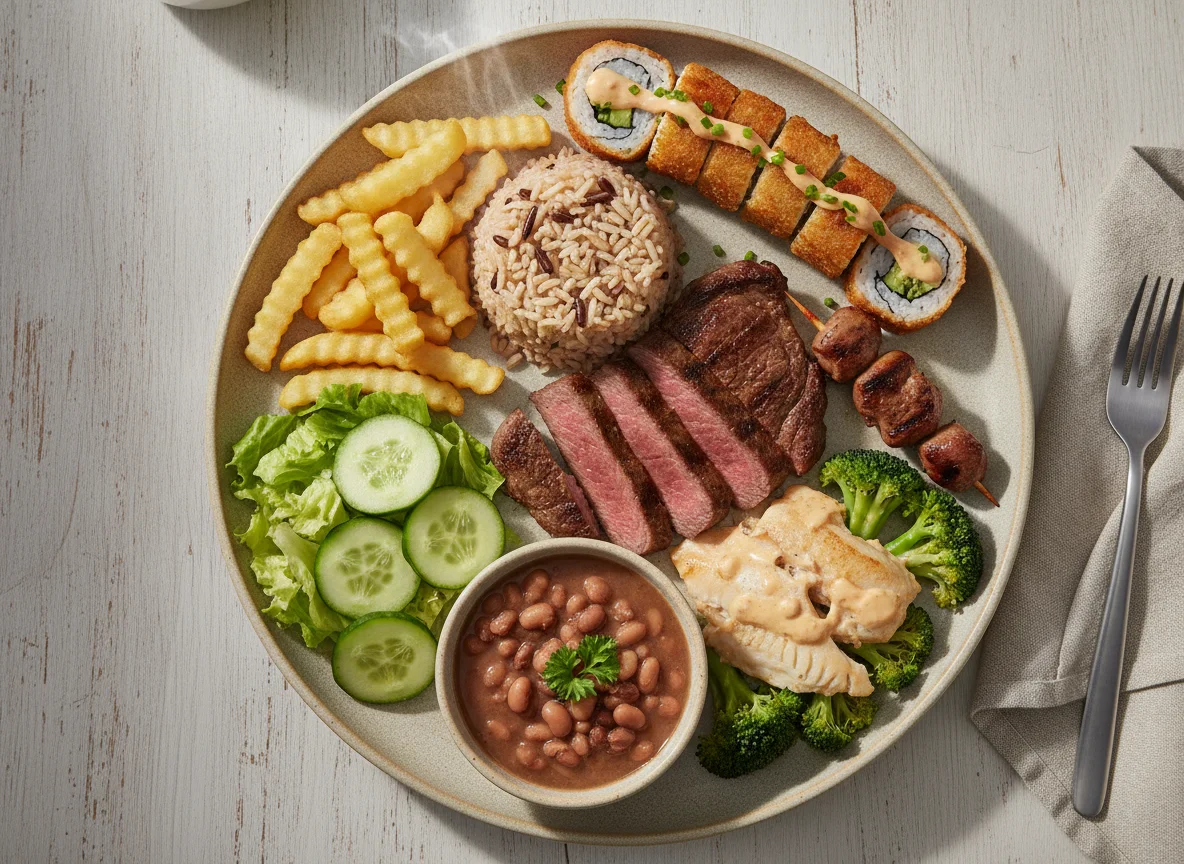 Prato Feito Variado com Churrasco e Sushi photo