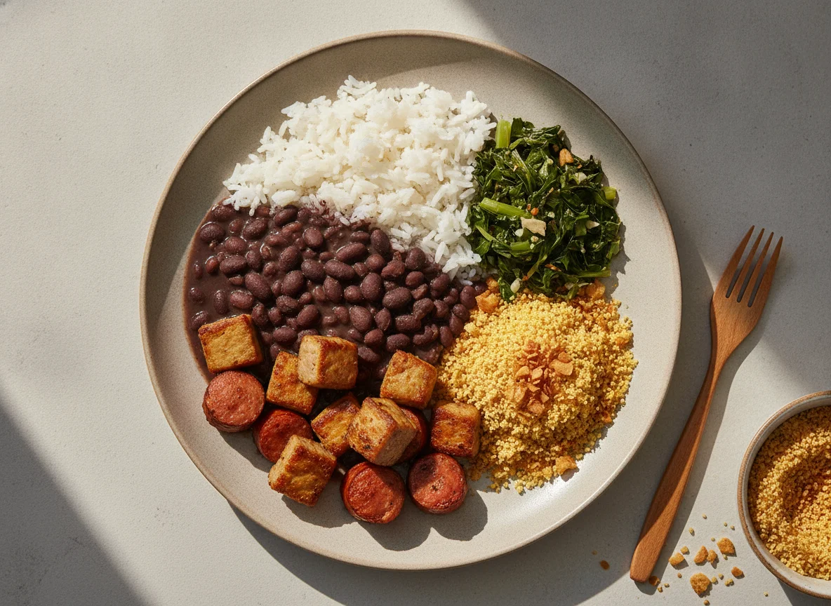 Prato feito vegetariano com bife e salsicha de soja photo