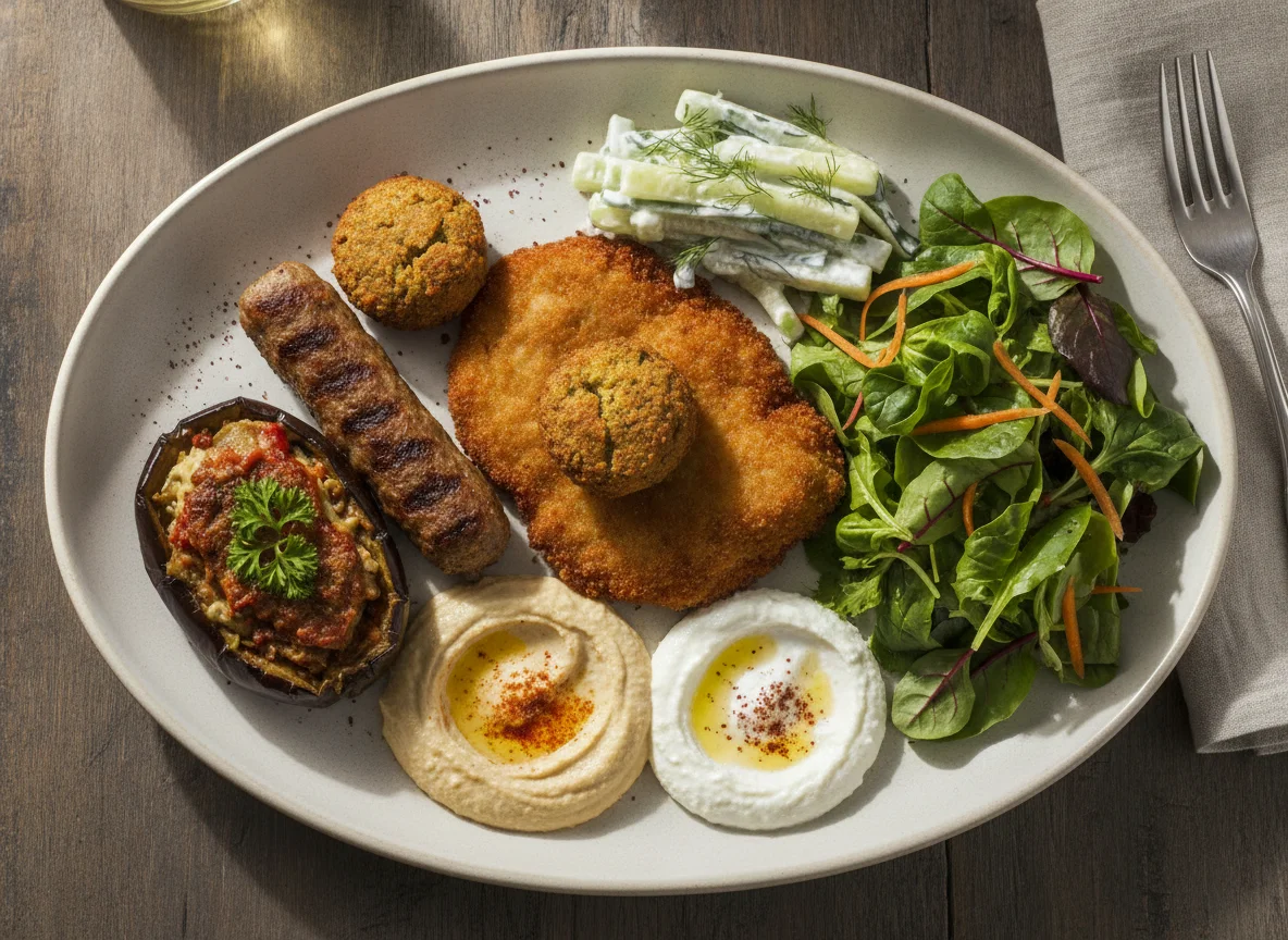 Prato Mediterrâneo com Falafel e Schnitzel photo