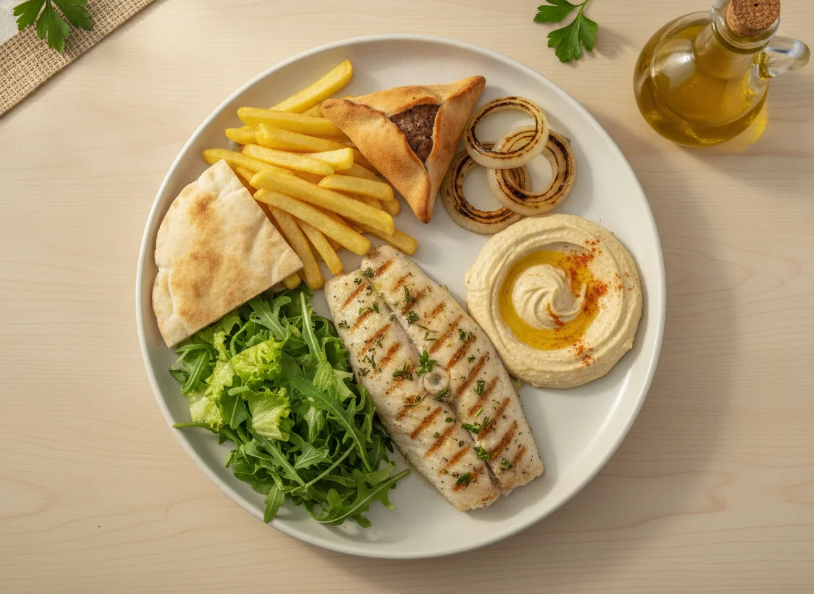 Prato Mediterrâneo com Peixe e Homus photo