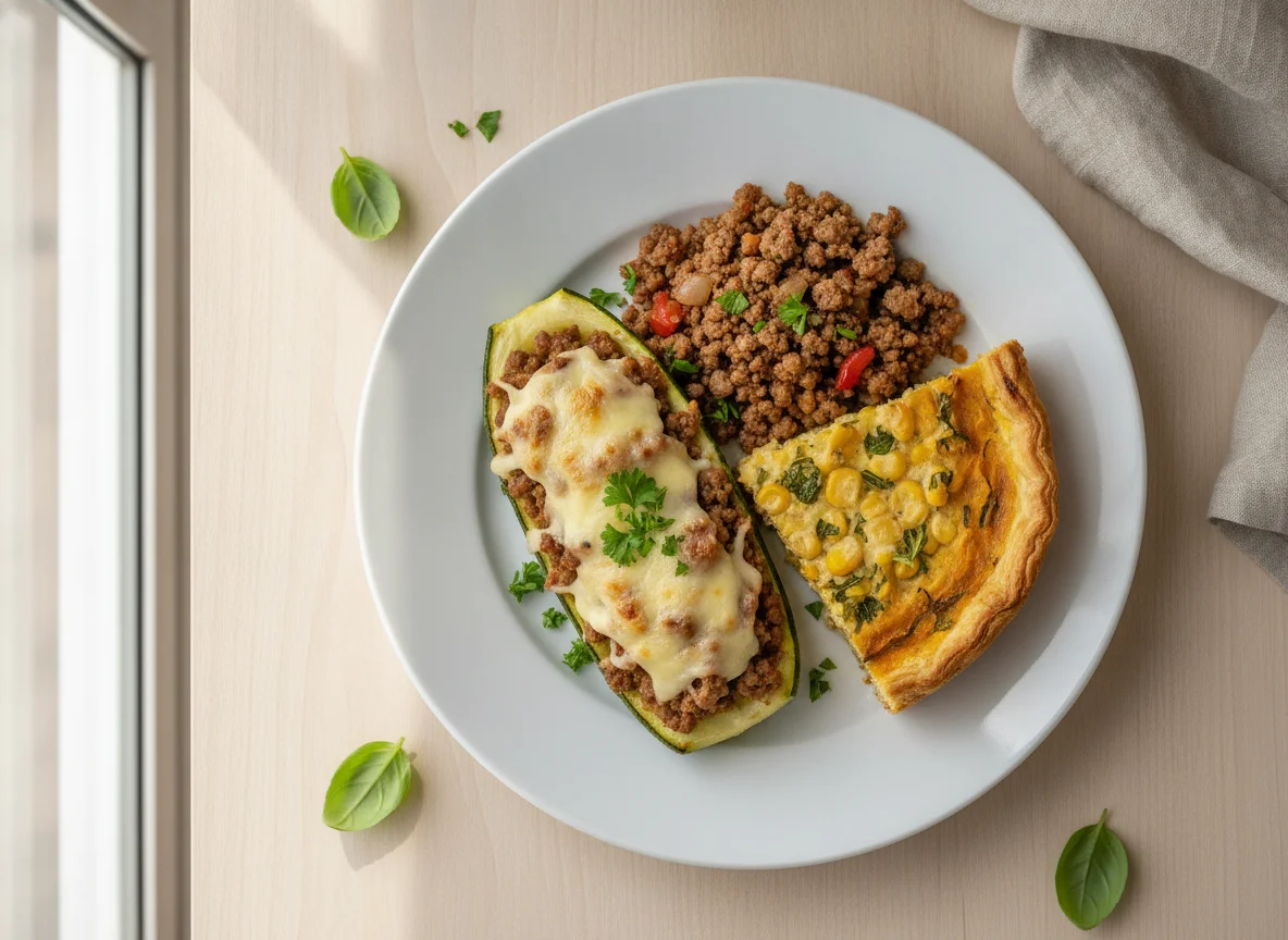 Prato misto com abobrinha recheada e torta de legumes photo