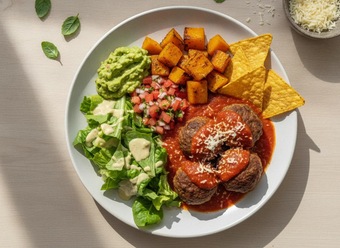 Prato misto com almôndegas, abóbora e saladas photo