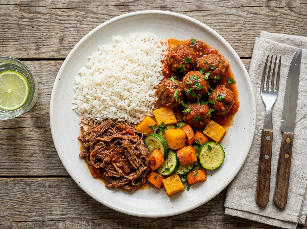 Prato misto com almôndegas, arroz e legumes photo