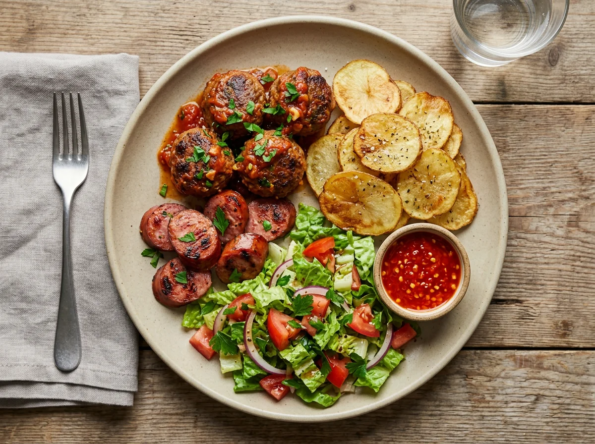 Prato misto com almôndegas, batatas, linguiça e salada photo