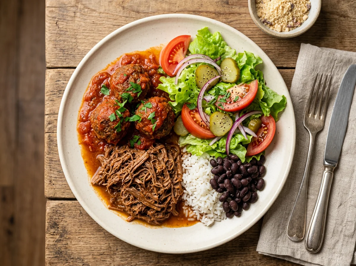 Prato misto com almôndegas e salada photo