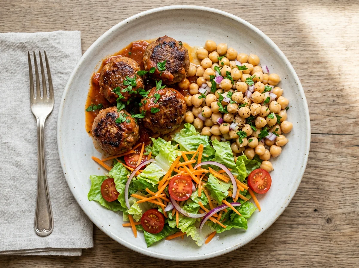 Prato misto com almôndegas, salada e grão de bico photo