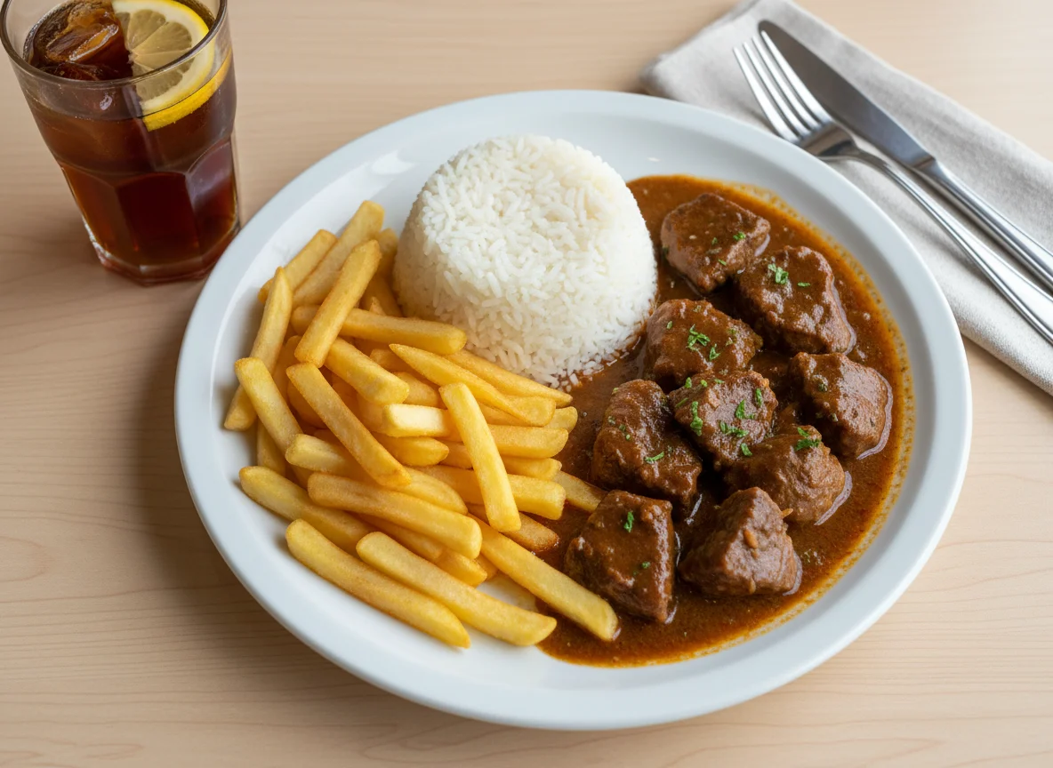 Prato misto com arroz, batata frita e carne photo