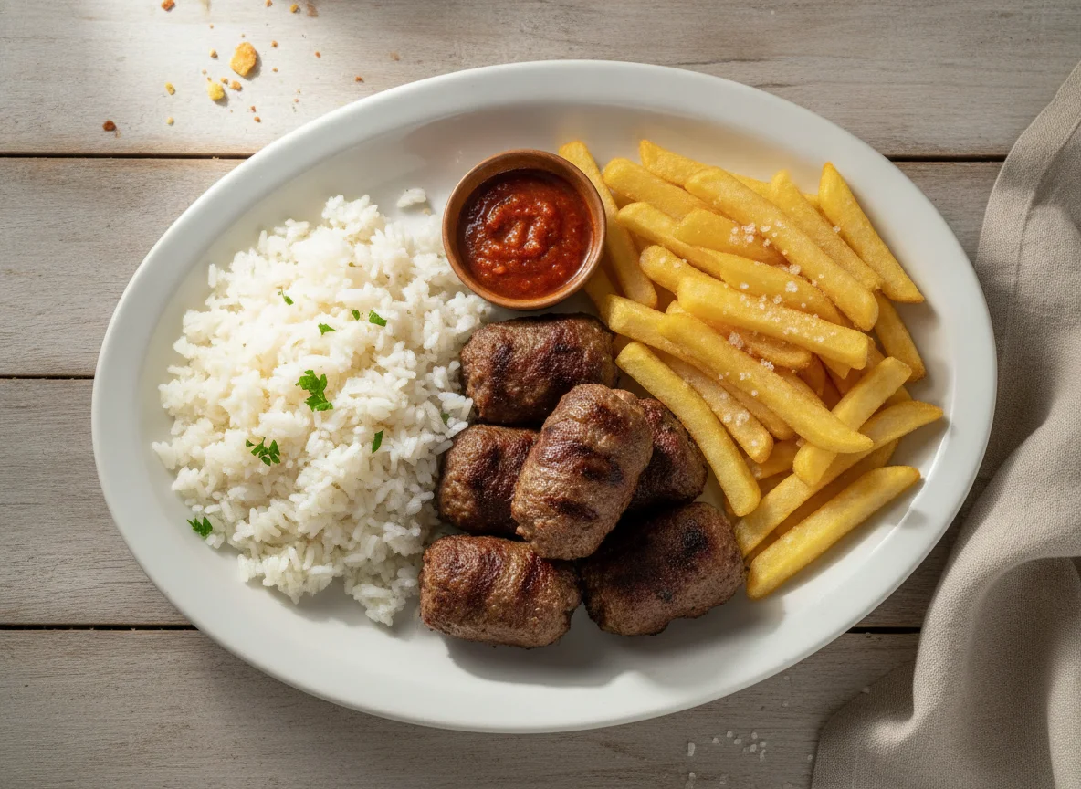 Prato misto com arroz, batata frita e enroladinhos de carne photo
