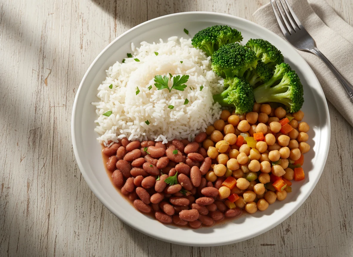 Prato misto com arroz, brócolis, feijão e grão de bico photo