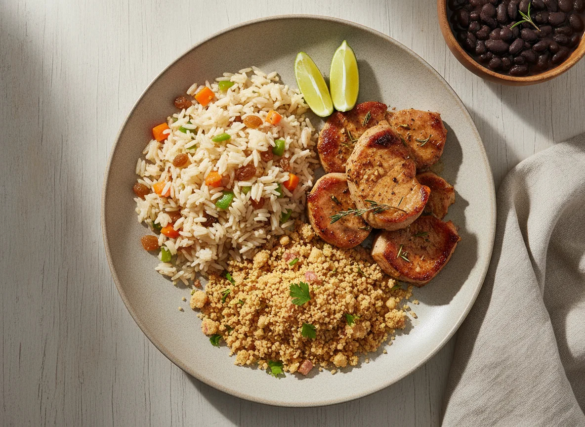 Prato misto com arroz, carne de porco e farofa photo
