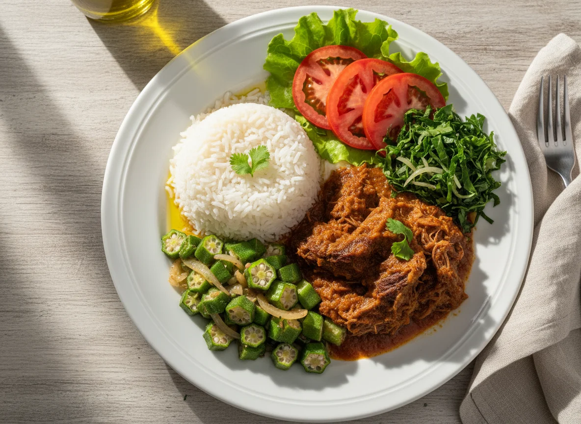 Prato misto com arroz, carne de sol, quiabo e salada photo