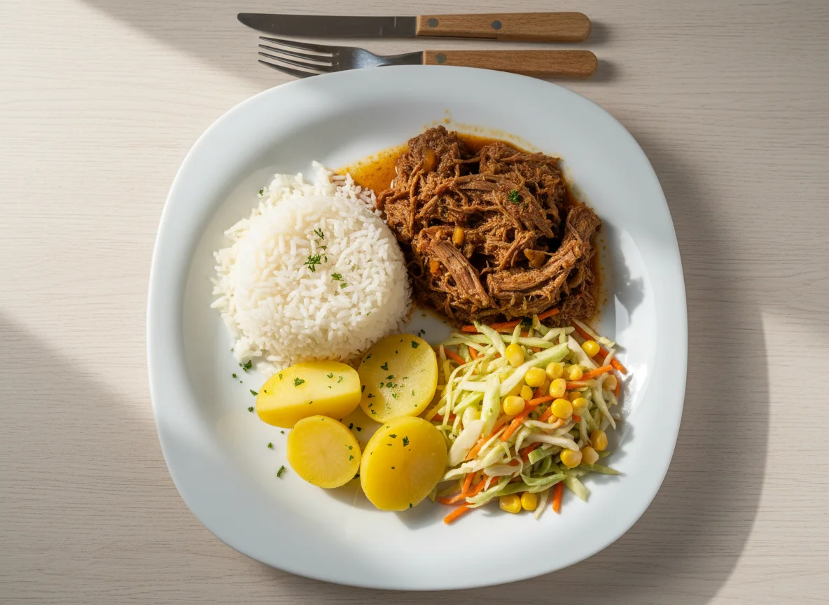 Prato misto com arroz, carne desfiada e salada photo