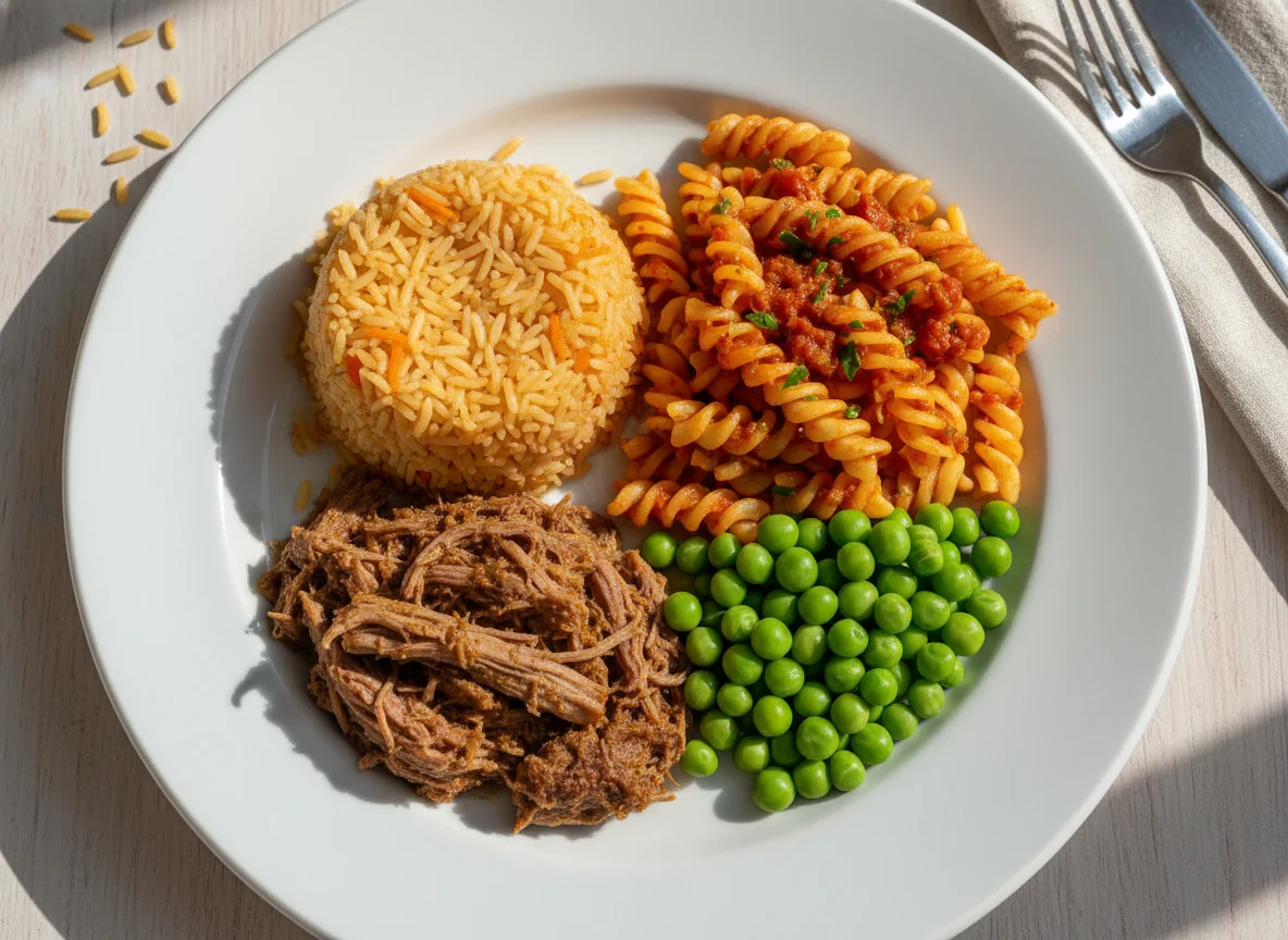 Prato misto com arroz, carne desfiada, macarrão e ervilhas photo
