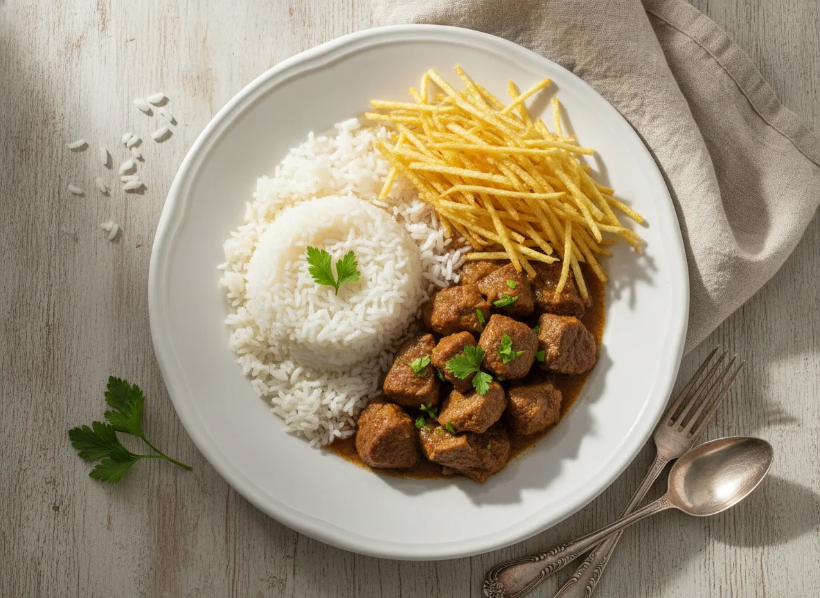Prato misto com arroz, carne e batata palha photo