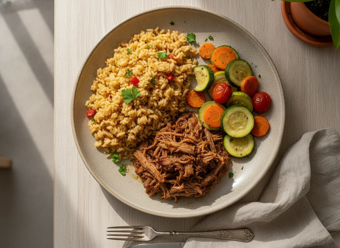 Prato misto com arroz, carne e legumes photo