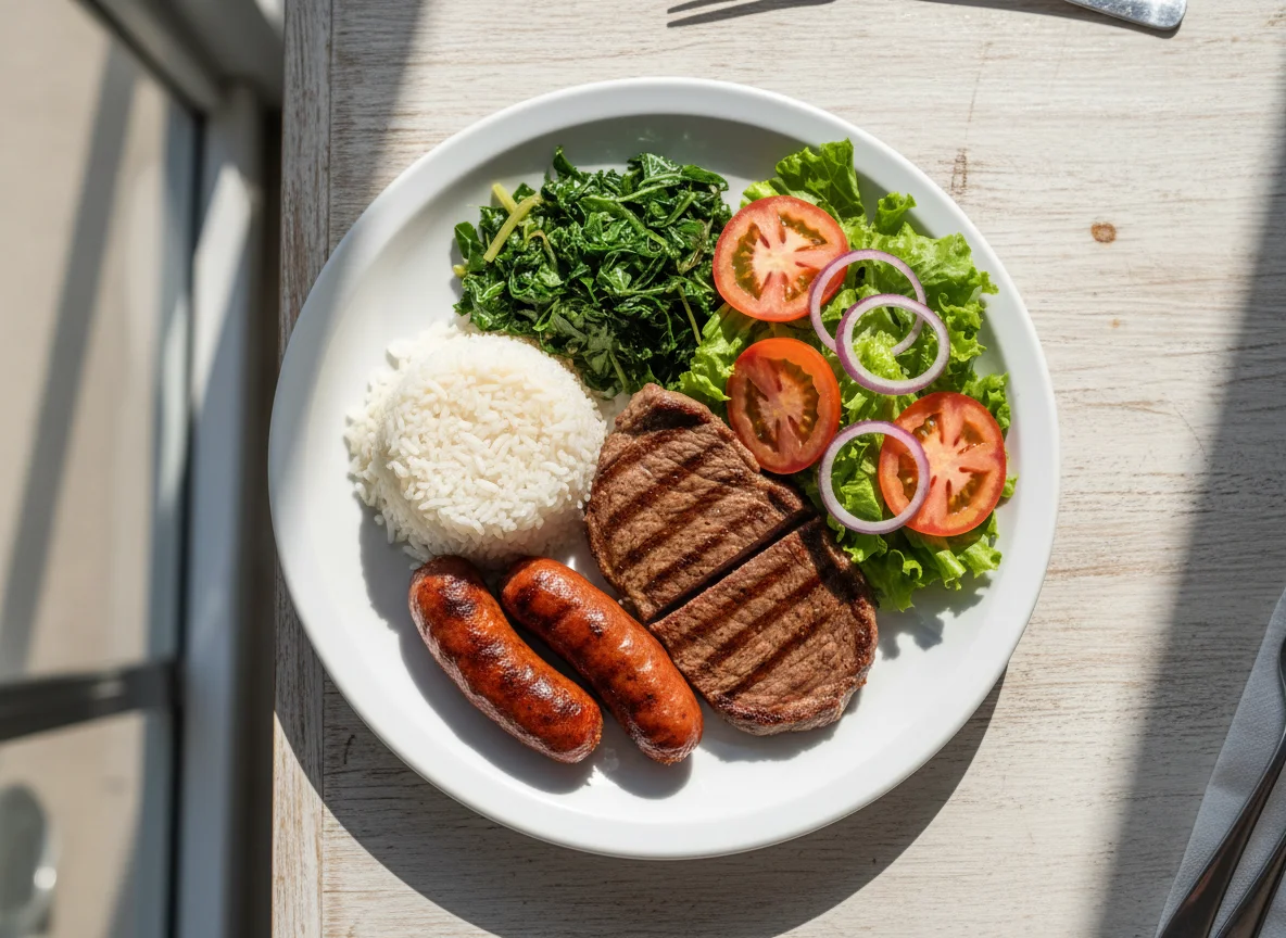 Prato misto com arroz, carne e salada photo