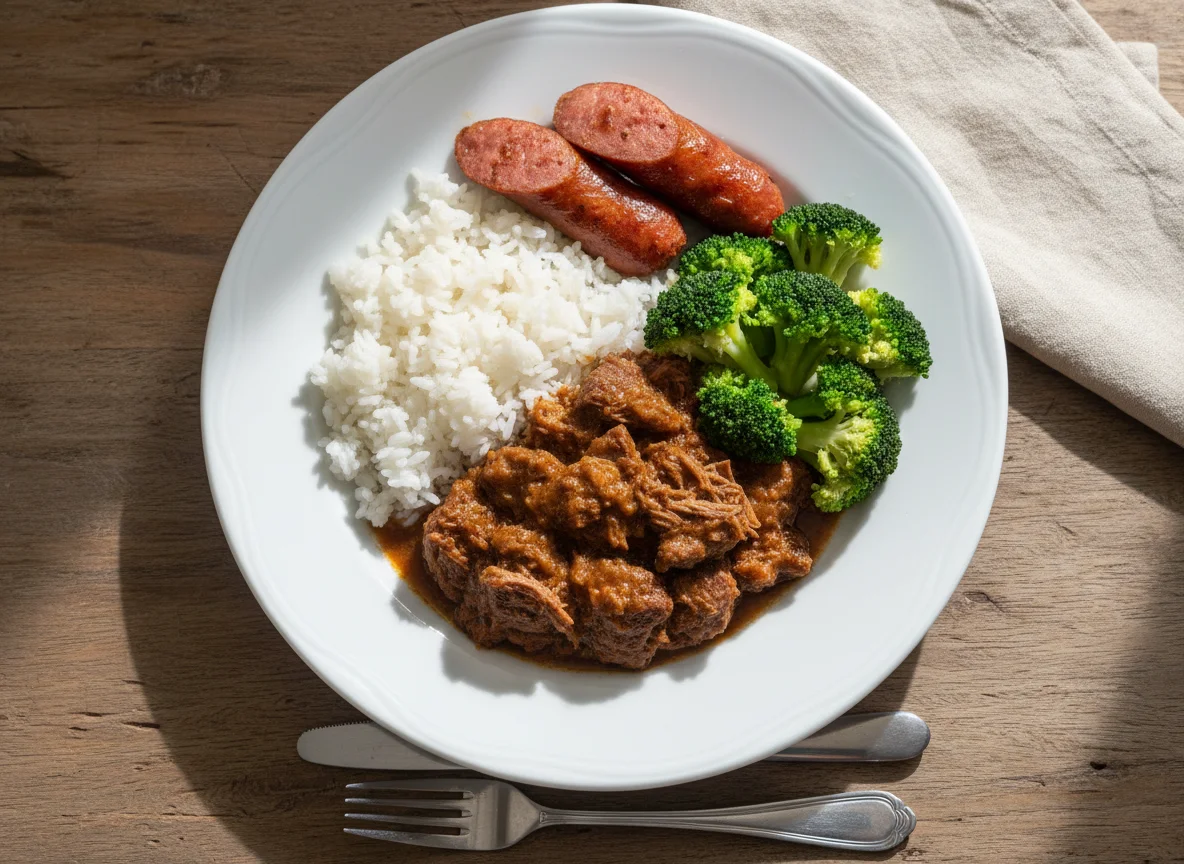 Prato misto com arroz, carne ensopada, brócolis e linguiça photo