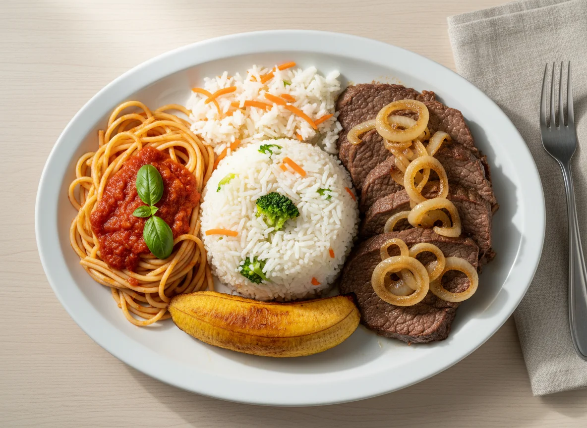 Prato misto com arroz, carne, macarrão e banana photo