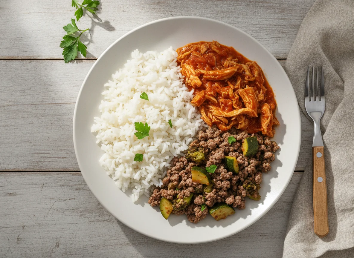 Prato misto com arroz, carne moída e frango desfiado photo