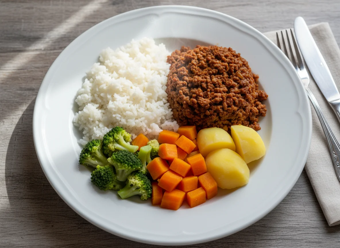 Prato misto com arroz, carne moída e legumes photo