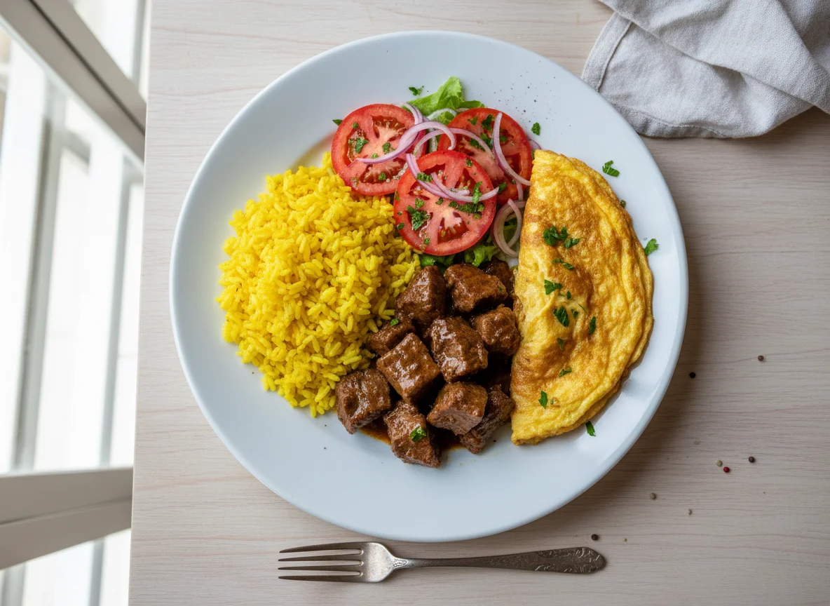 Prato misto com arroz, carne, salada e omelete photo