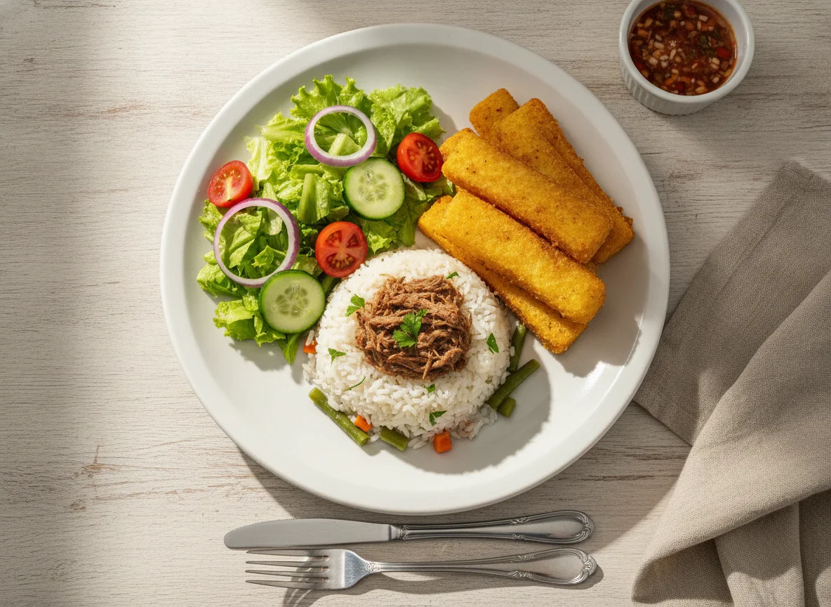 Prato misto com arroz, carne, salada e polenta frita photo