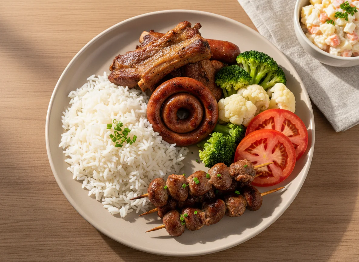 Prato misto com arroz, carnes e vegetais photo