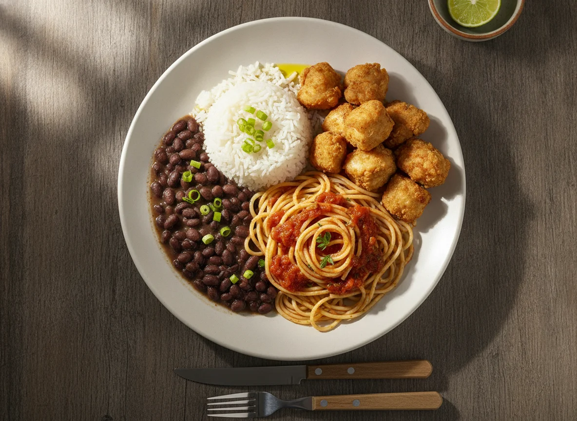 Prato misto com arroz e feijão, macarrão e frango photo