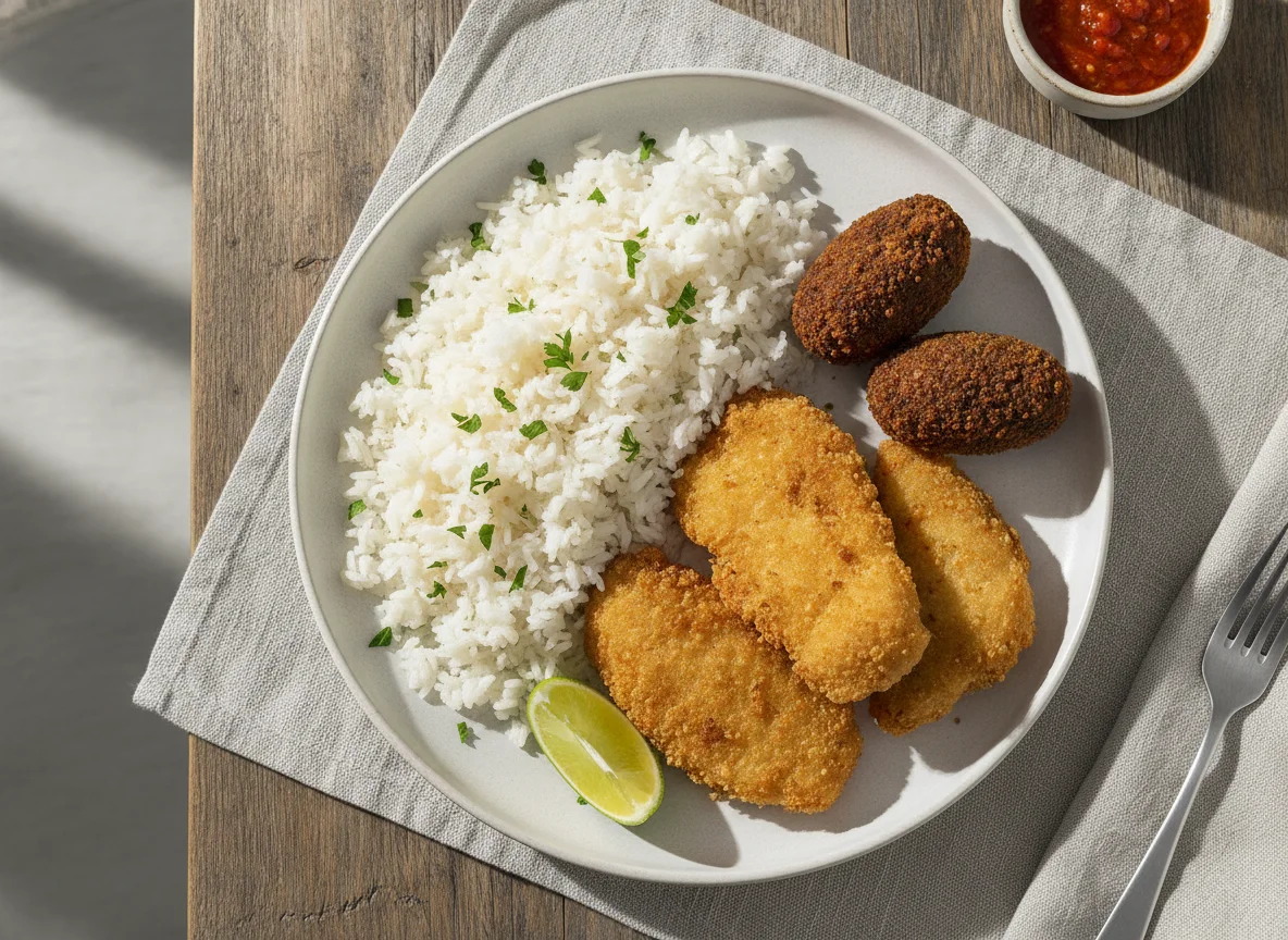 Prato misto com arroz e fritos photo