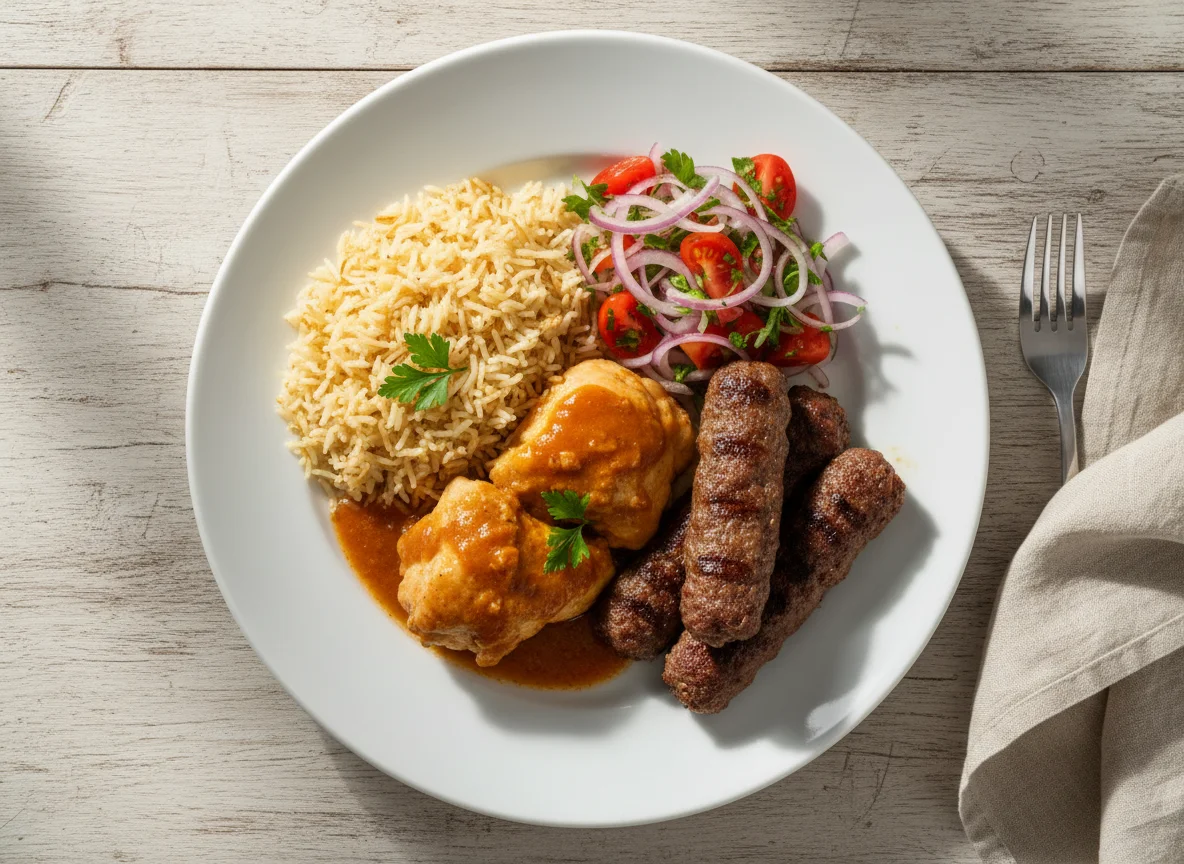 Prato misto com arroz e kafta photo