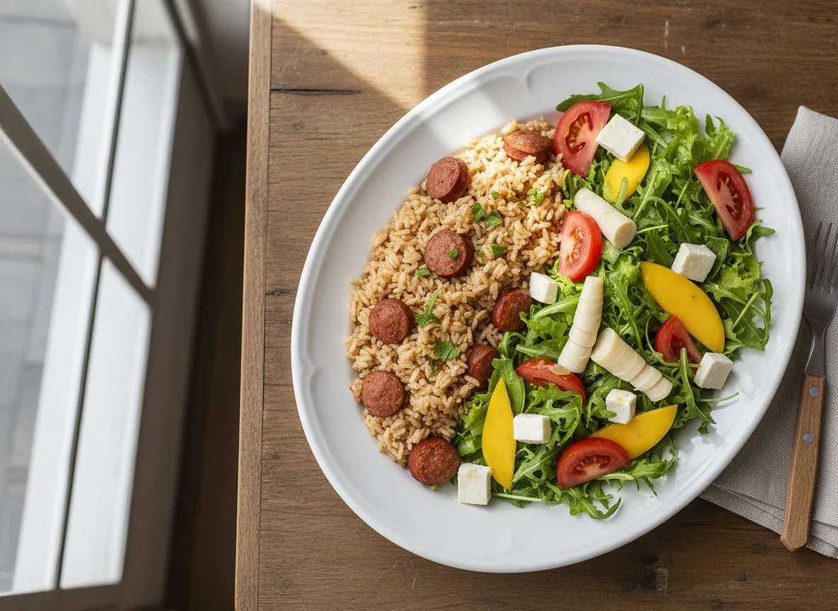 Prato misto com arroz e salada photo