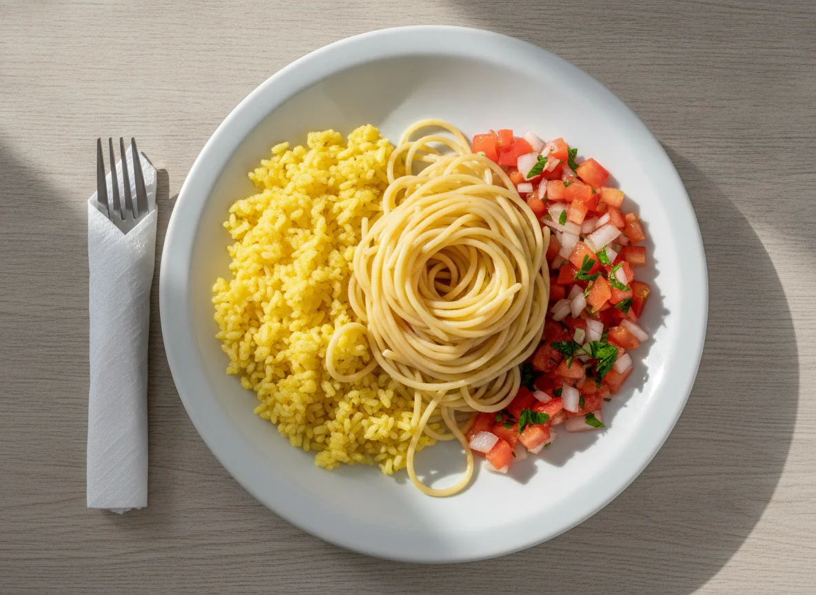 Prato misto com arroz, espaguete e vinagrete photo