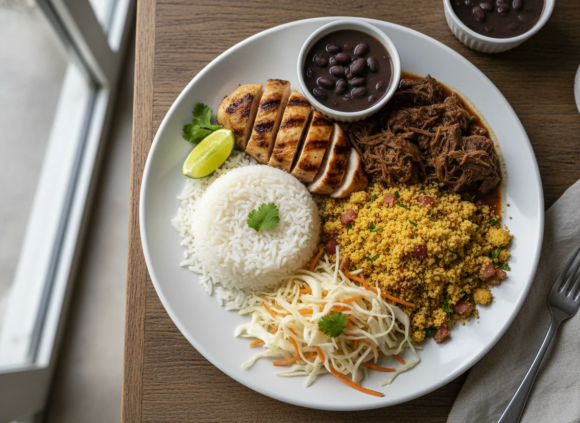 Prato misto com arroz, farofa, carnes e salada photo