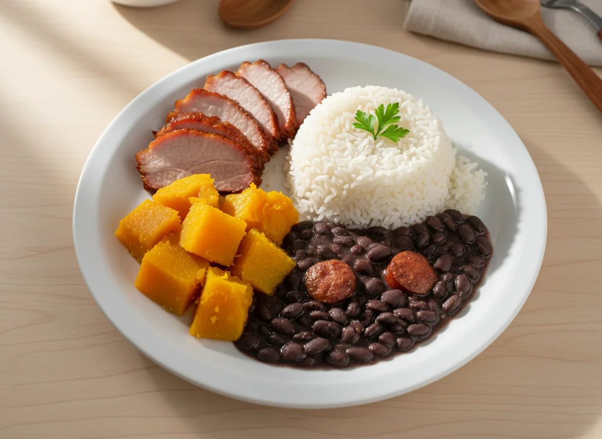 Prato misto com arroz, feijão, abóbora e carne photo