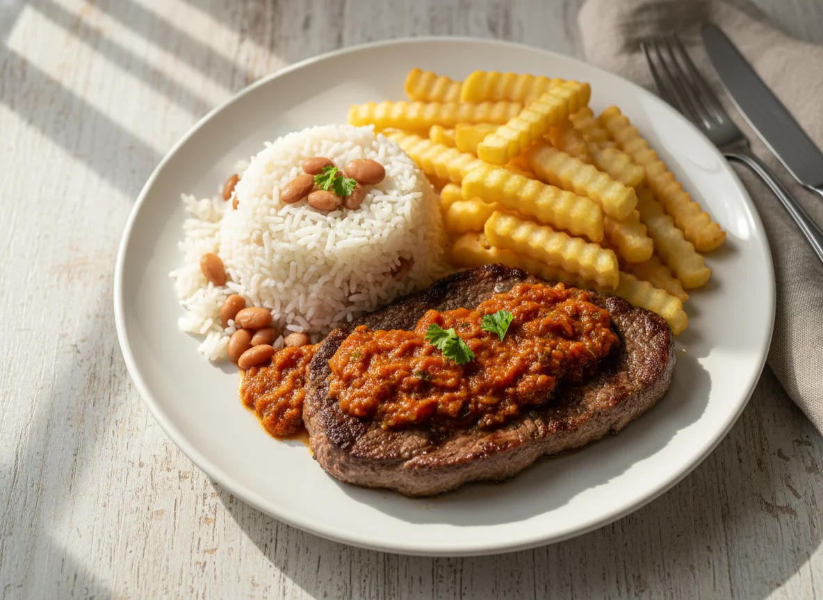 Prato misto com arroz, feijão, batata frita e carne photo