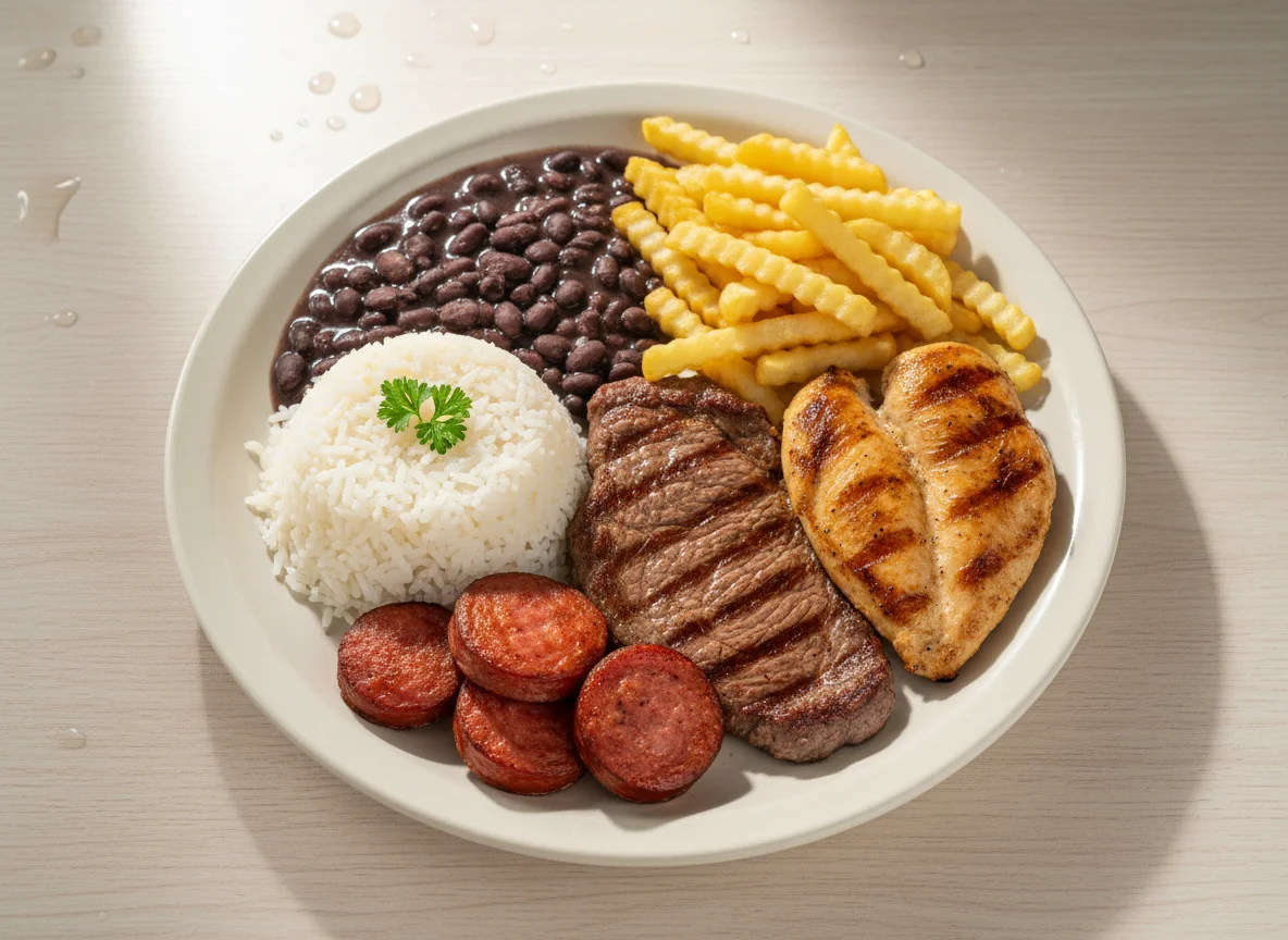 Prato misto com arroz, feijão, batata frita e carnes photo