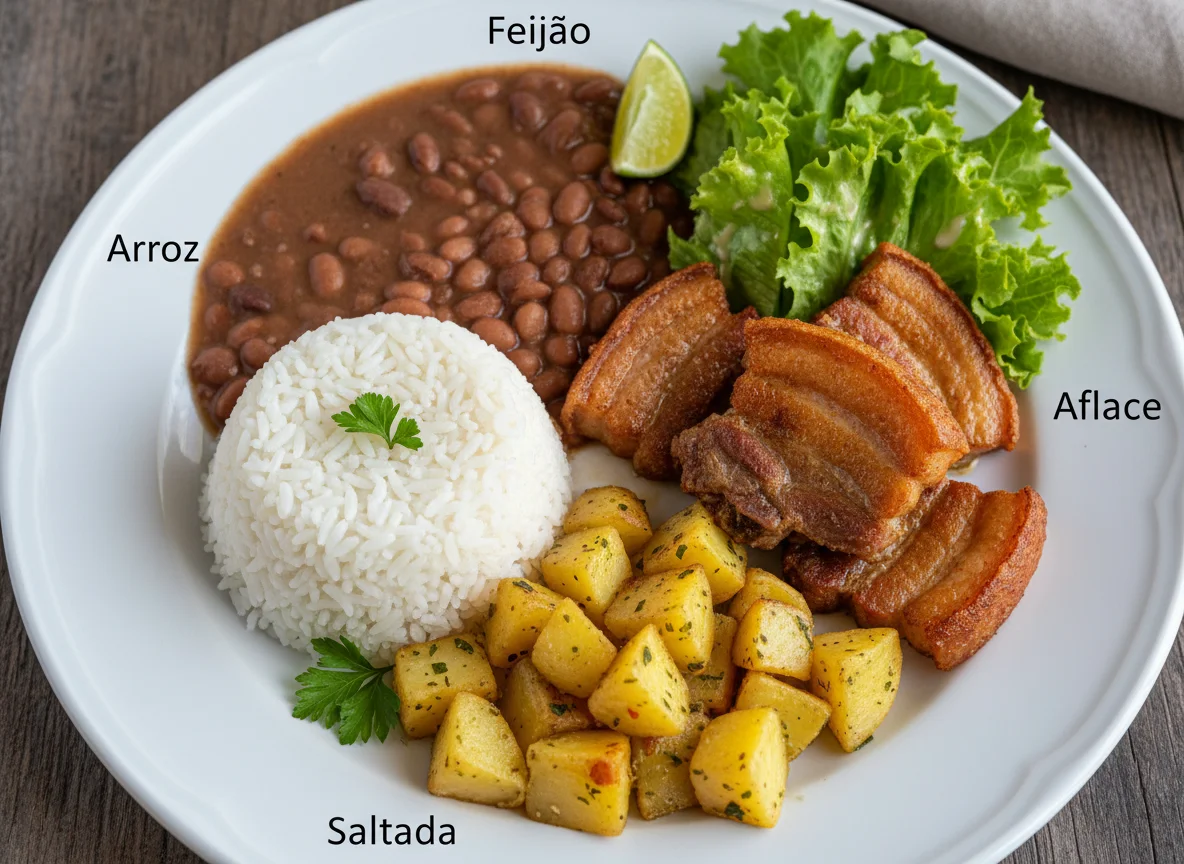 Prato misto com arroz, feijão, carne de porco, batata e alface photo