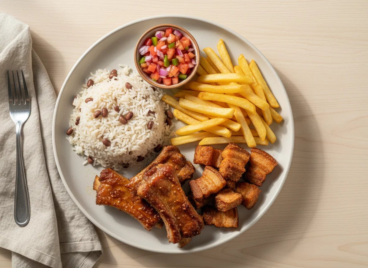 Prato misto com arroz, feijão, carne de porco e batata frita photo