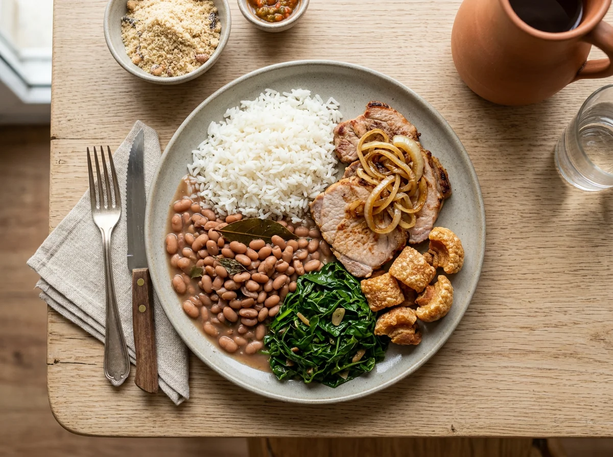 Prato misto com arroz, feijão, carne de porco e torresmo photo