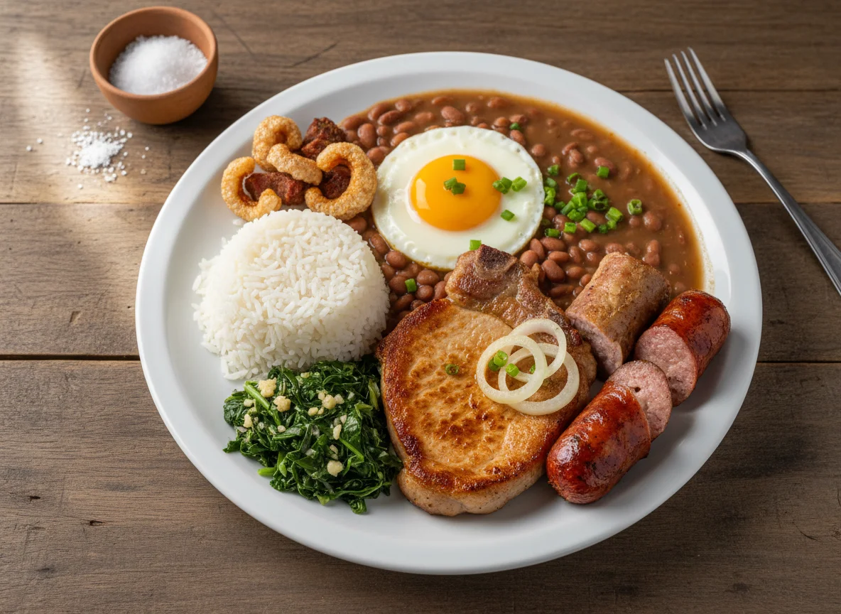 Prato misto com arroz, feijão, carne de porco, ovo e linguiça photo