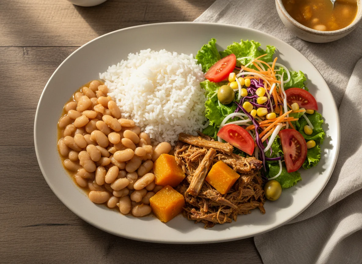 Prato misto com arroz, feijão, carne de sol com abóbora e salada photo