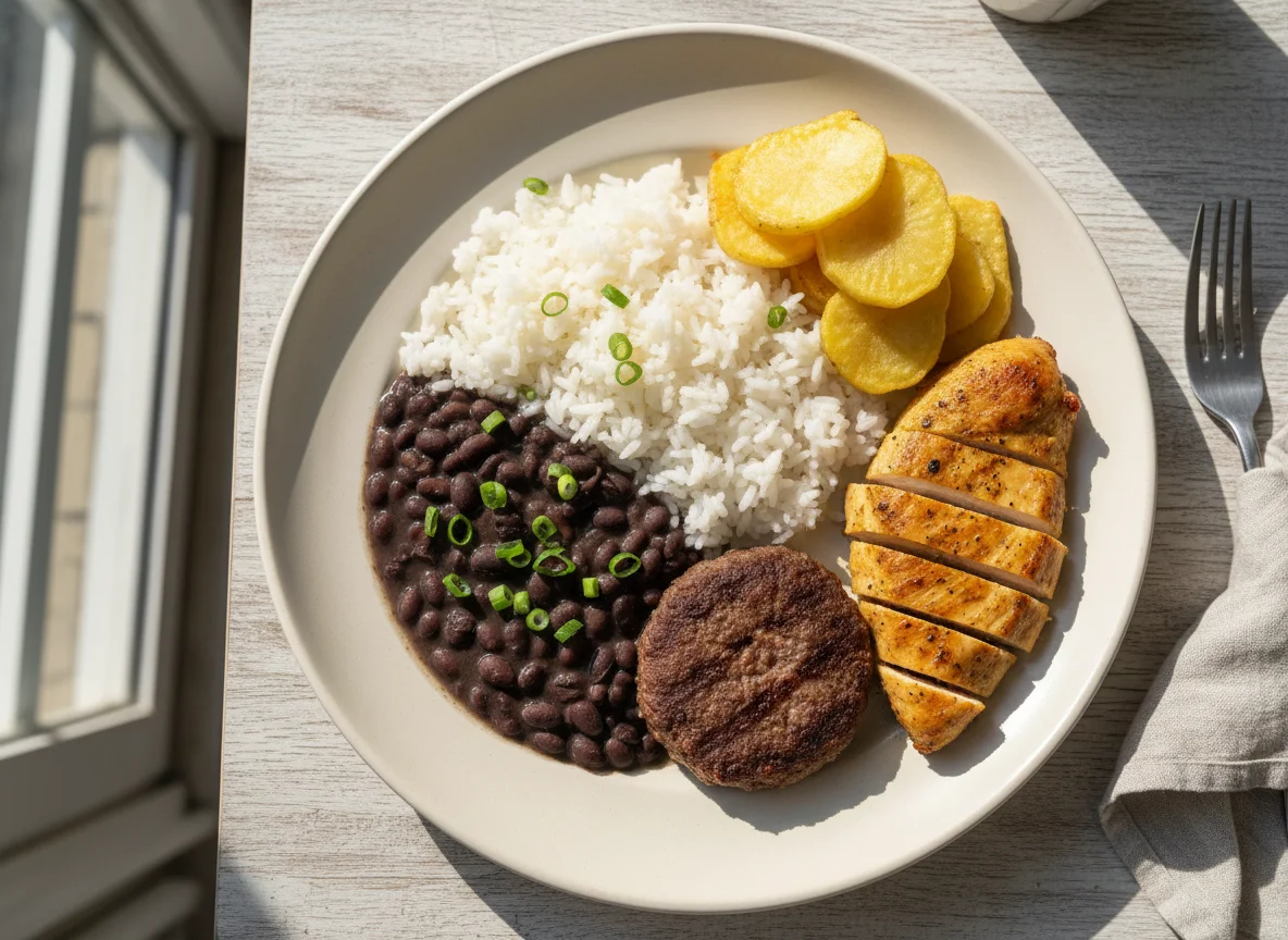 Prato misto com arroz, feijão, carne e batata photo