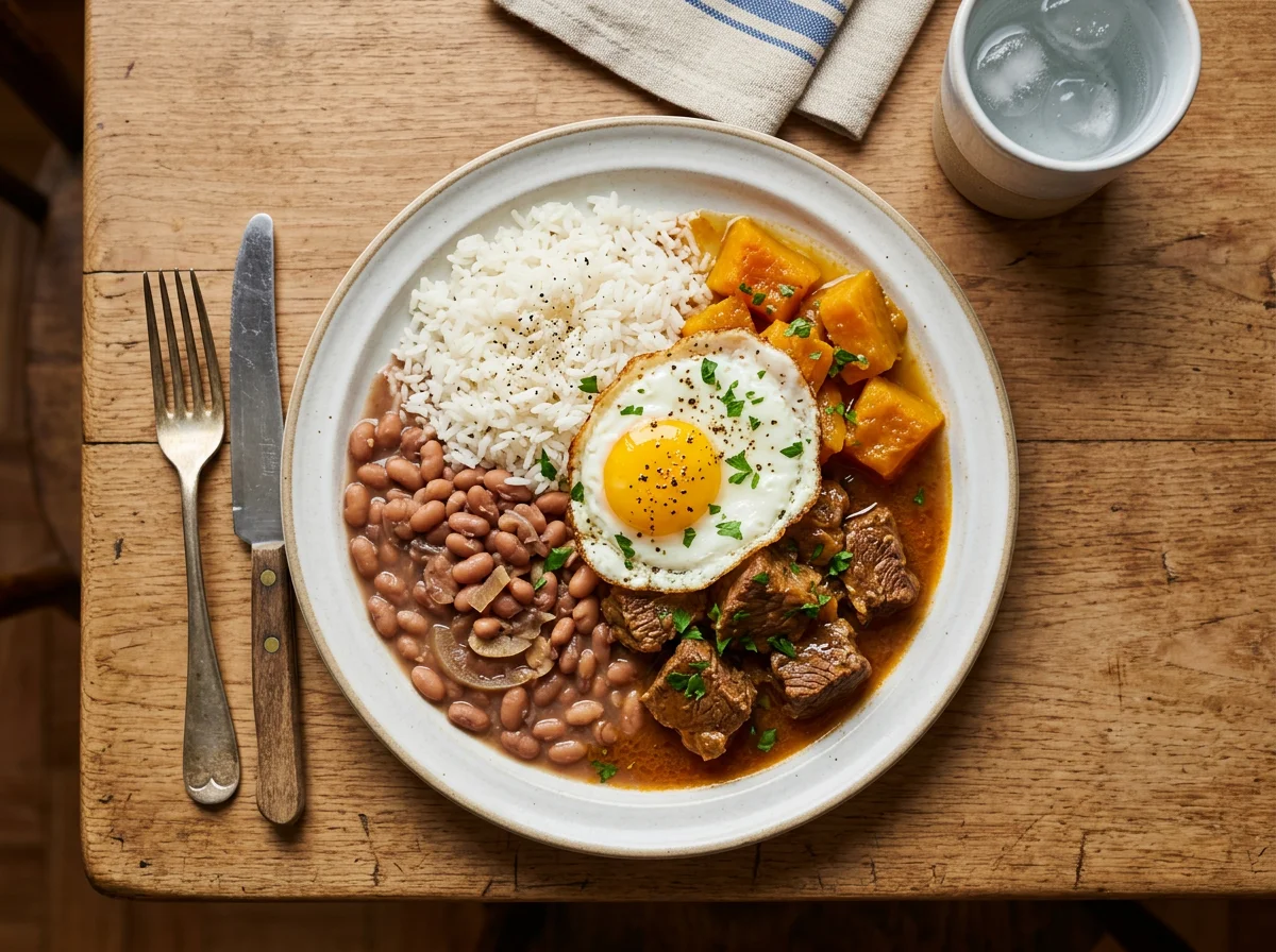 Prato misto com arroz, feijão, carne, ovo e abóbora photo