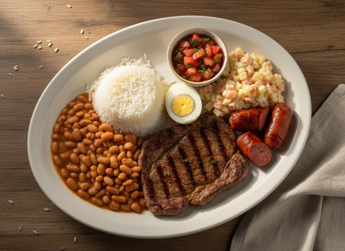 Prato misto com arroz, feijão, carne, ovos e salada photo