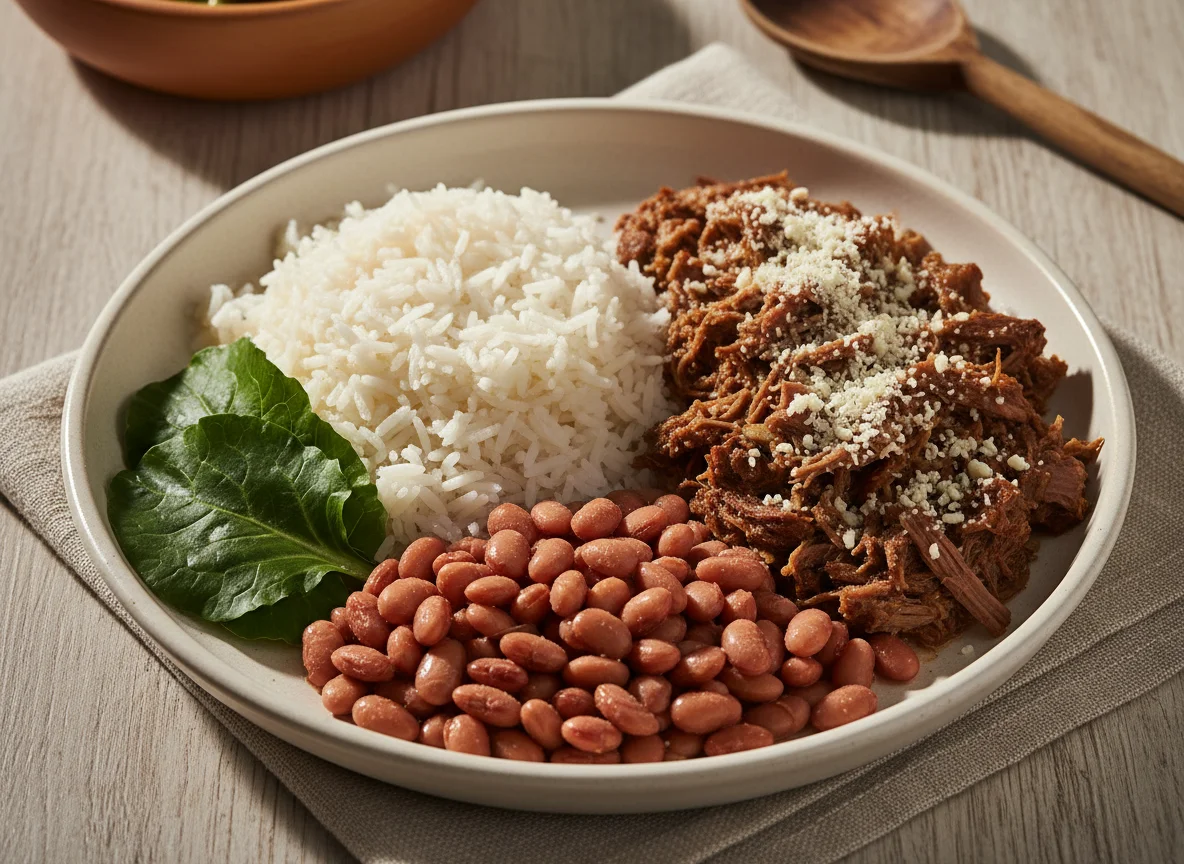 Prato misto com arroz, feijão e carne photo