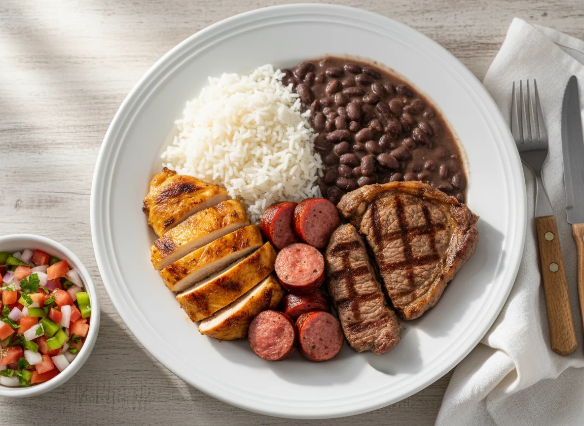 Prato misto com arroz, feijão e carnes photo
