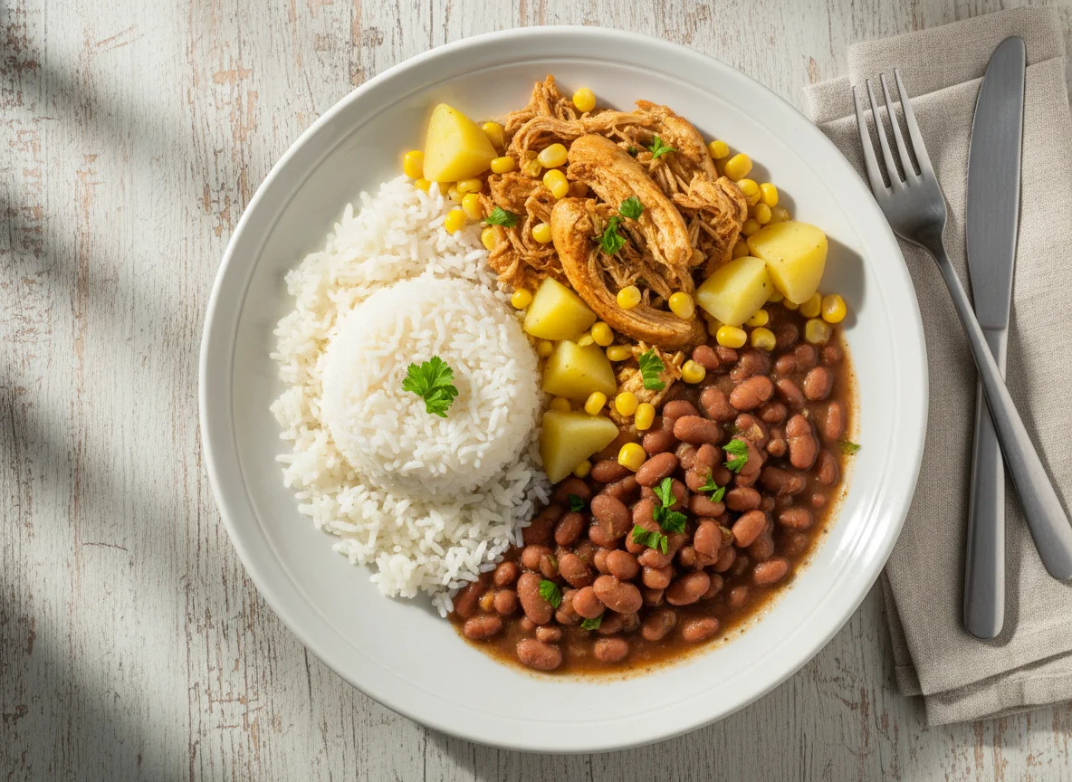 Prato misto com arroz, feijão e frango desfiado photo