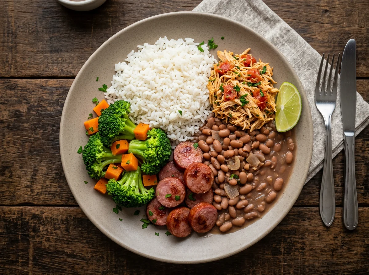 Prato misto com arroz, feijão e legumes photo