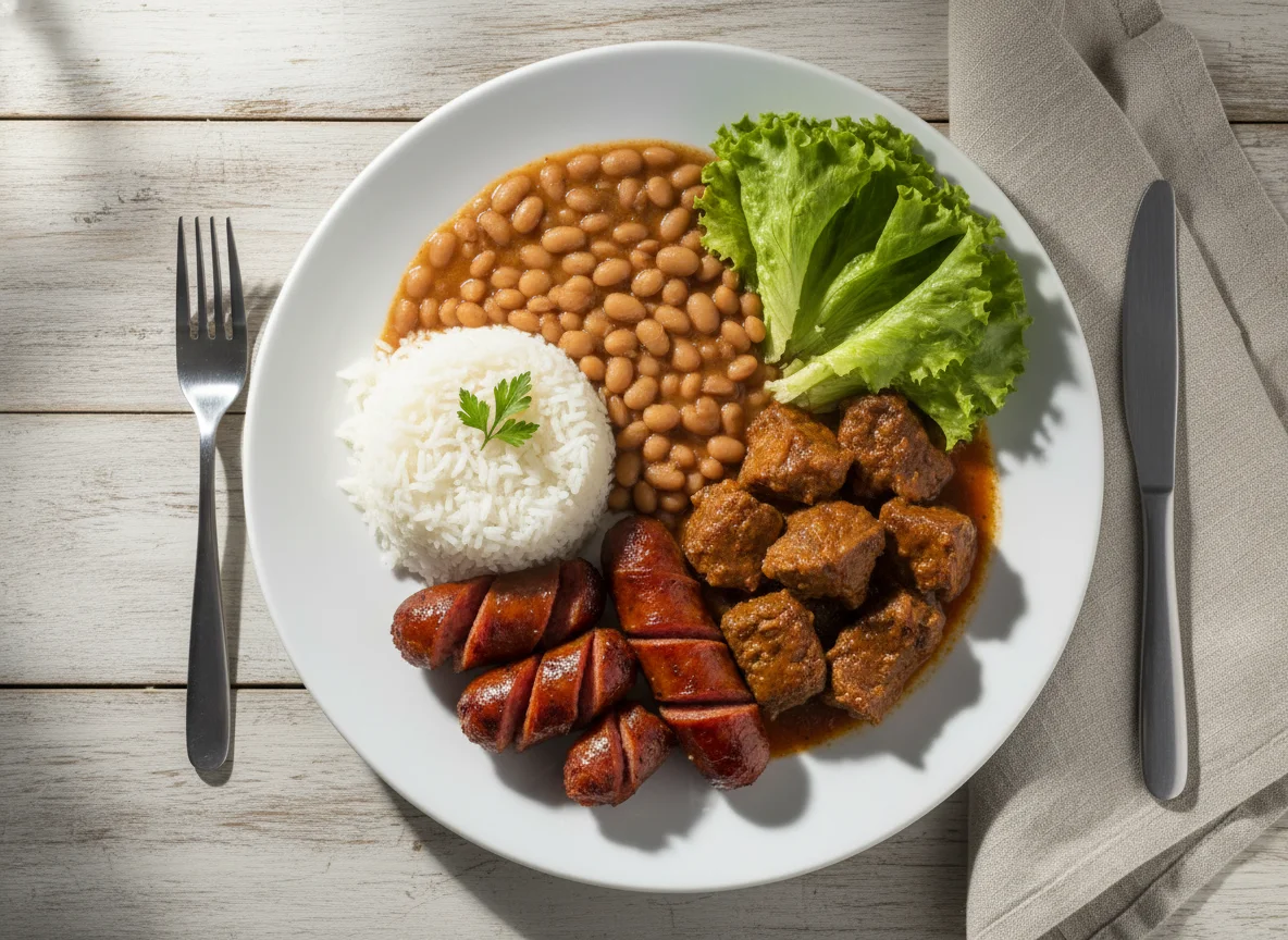 Prato misto com arroz, feijão e linguiça photo